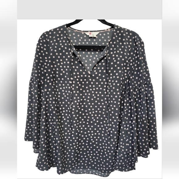 Boden Womens Boho Shirt Blouse UK 10 US 6 Gray Pink Polka-Dot bell Sleeve NWOT - Picture 1 of 6